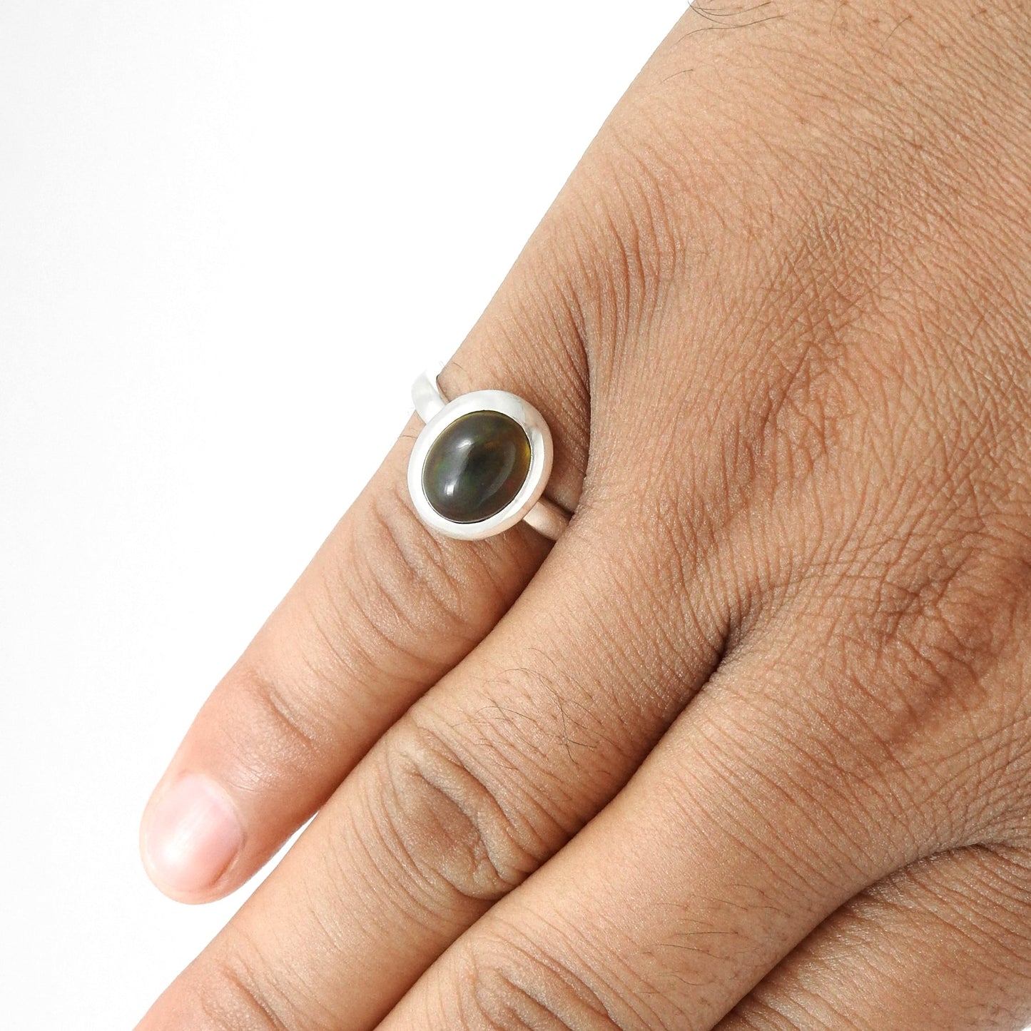 Black Opal Stone Band Bezel Statement Ring Jewelry Solid Sterling Silver