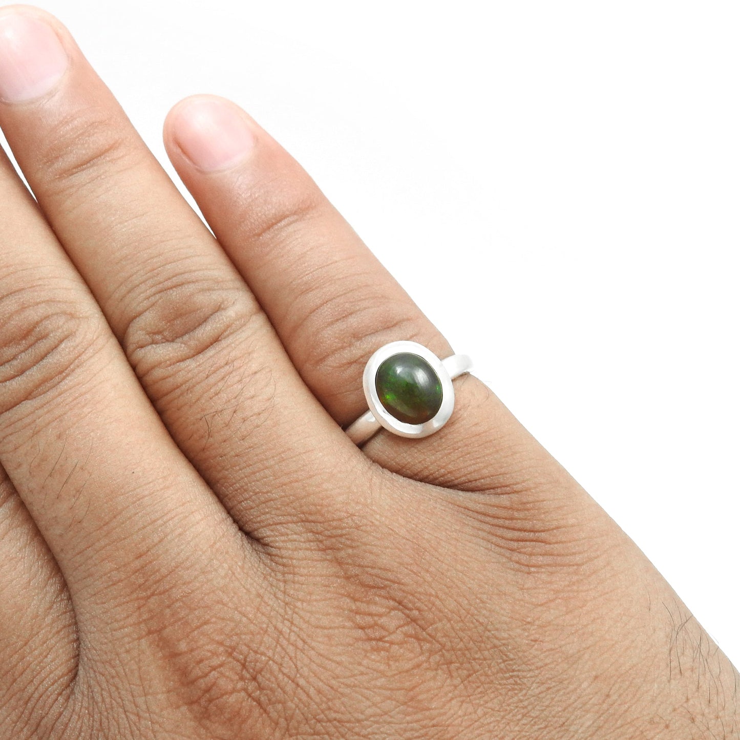 Oval Black Opal Stone 925 Silver Bezel Handcrafted Cocktail Ring Jewelry