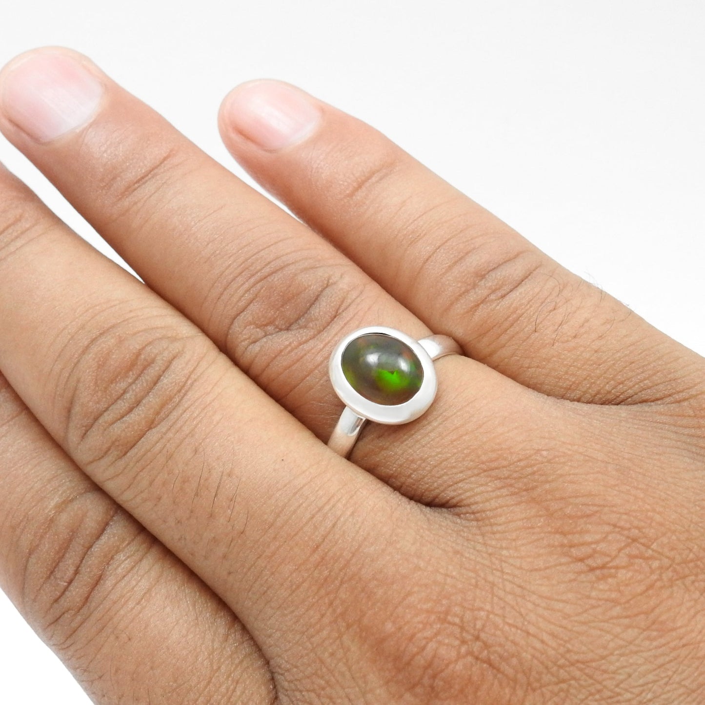 Black Opal Stone Solid Sterling Silver Birthday Band Boho Bezel New Ring