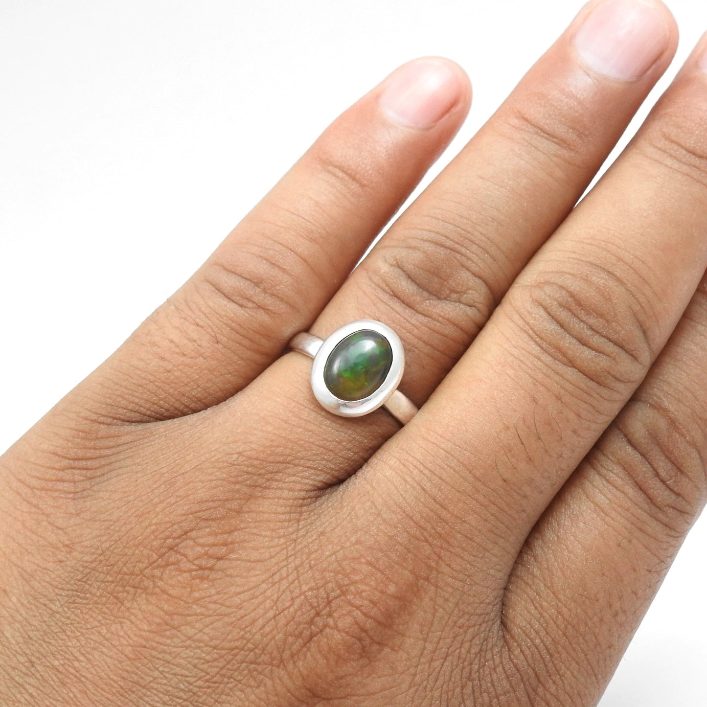 Christmas Gift Oval Black Opal Gemstone 925 Silver Artisan Band New Ring Jewelry