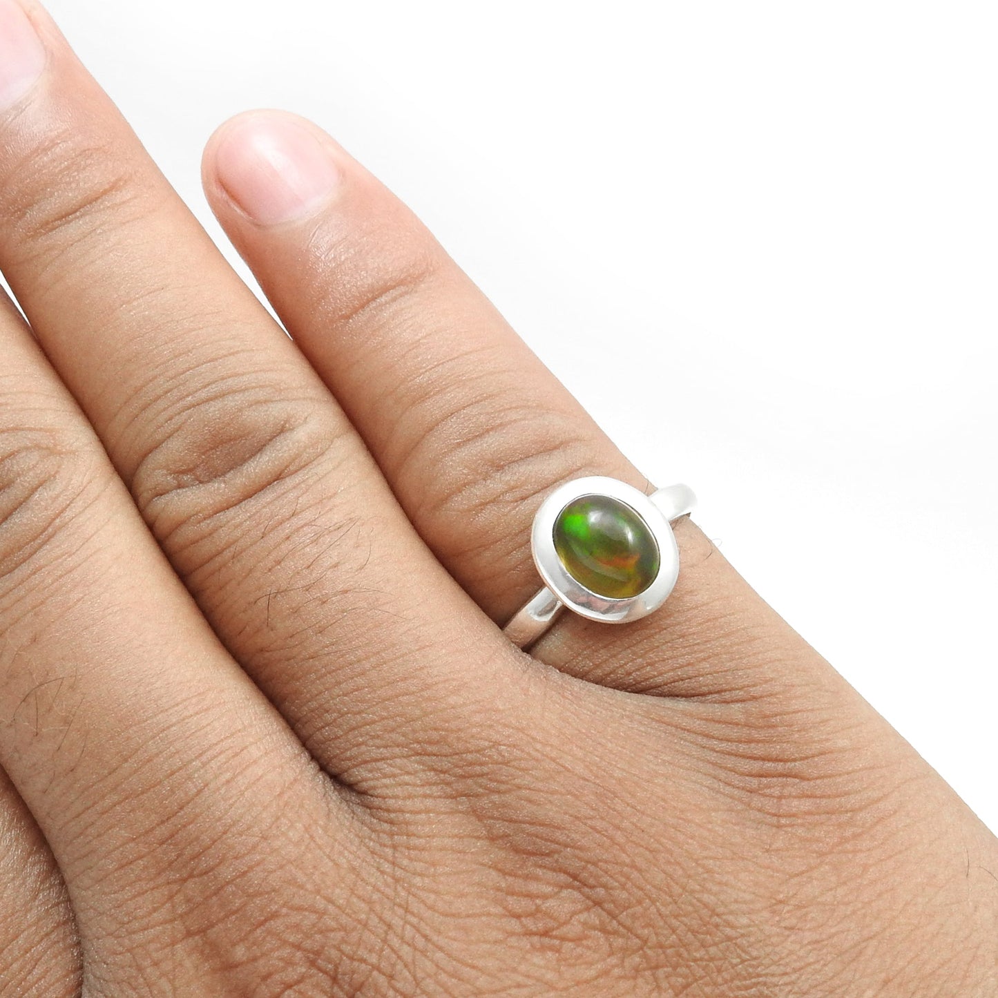 Oval Black Opal Gemstone 925 Silver New Band Promise Wife Statement Ring