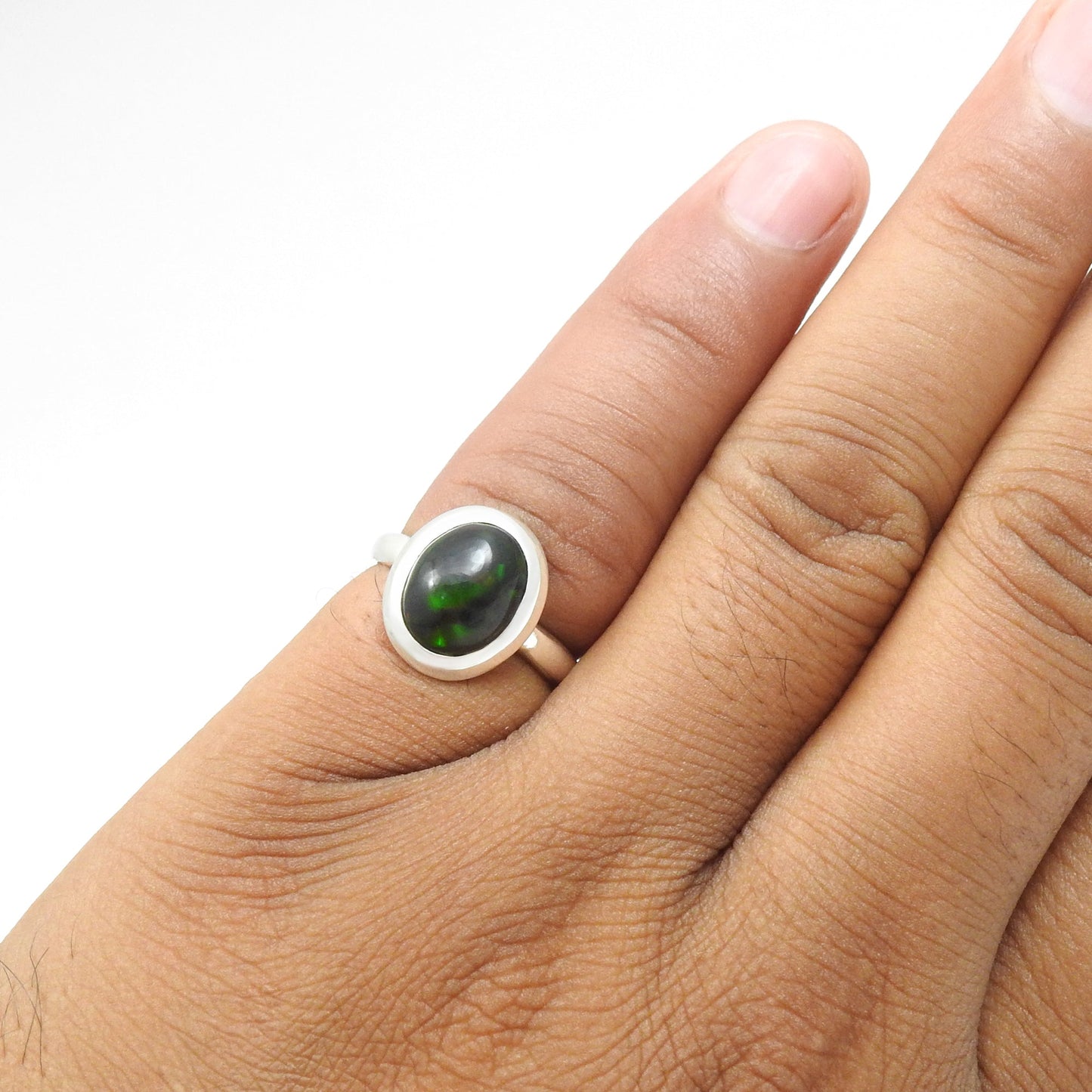 Natural Black Opal Solid Silver Bezel Daughter Band Christmas Gift Ring
