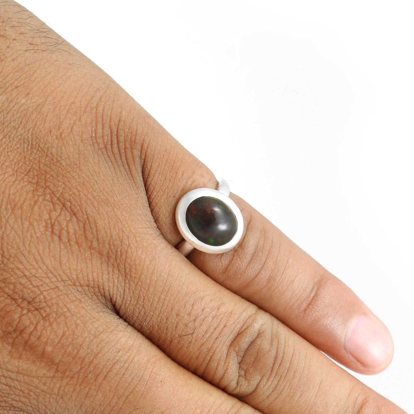 Christmas Gift Oval Black Opal Stone Wife Promise Bezel Band Ring Solid Silver