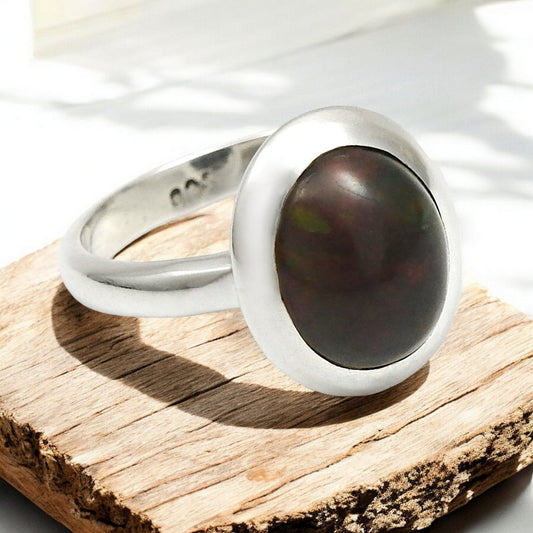 Christmas Gift Oval Black Opal Stone Wife Promise Bezel Band Ring Solid Silver