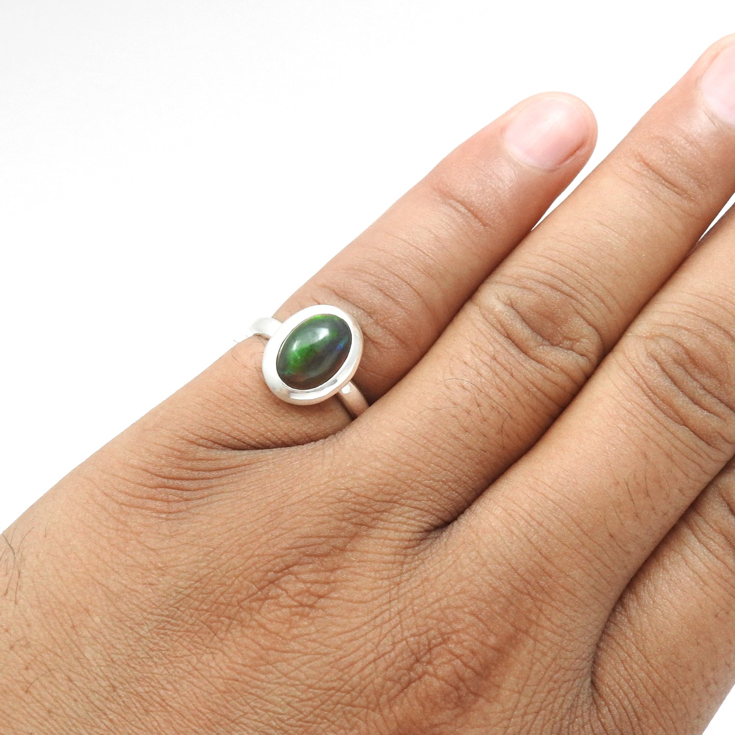 Black Opal Gemstone Statement Cocktail Bezel Ring Jewelry Solid Sterling Silver