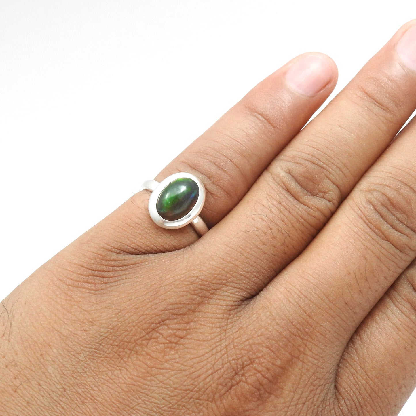 Black Opal Gemstone Statement Cocktail Bezel Ring Jewelry Solid Sterling Silver