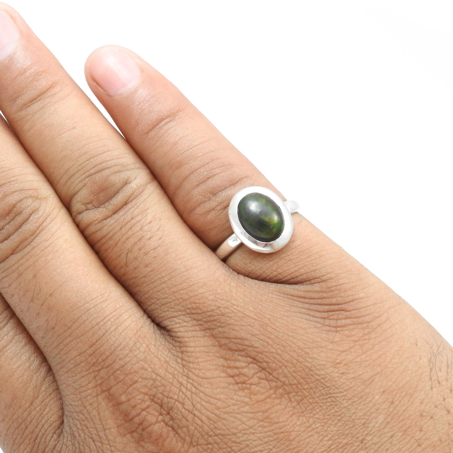 Oval Black Opal Stone Solid Silver Bezel Cocktail Trendy Statement Ring