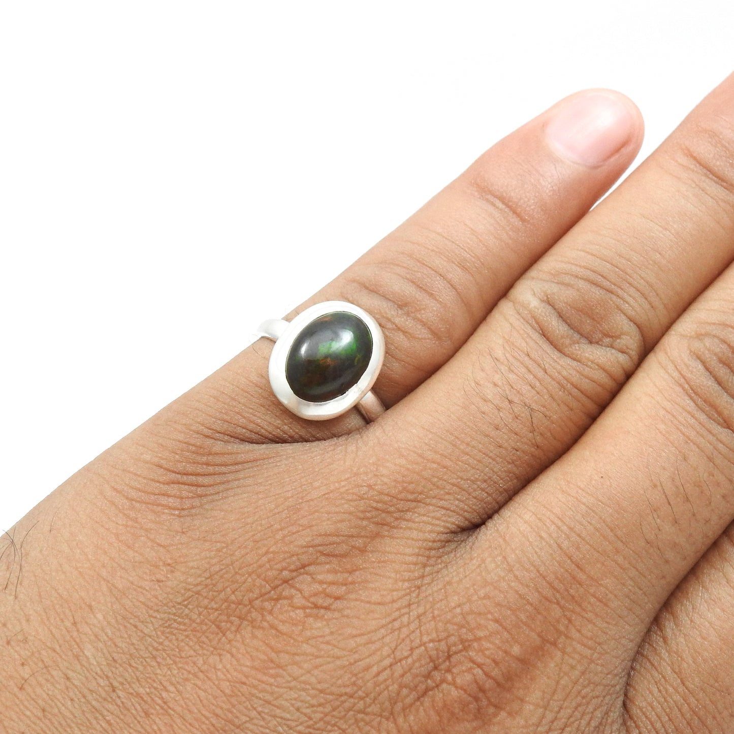 Oval Black Opal Gemstone Solid Sterling Silver Boho Statement Promise Band Ring
