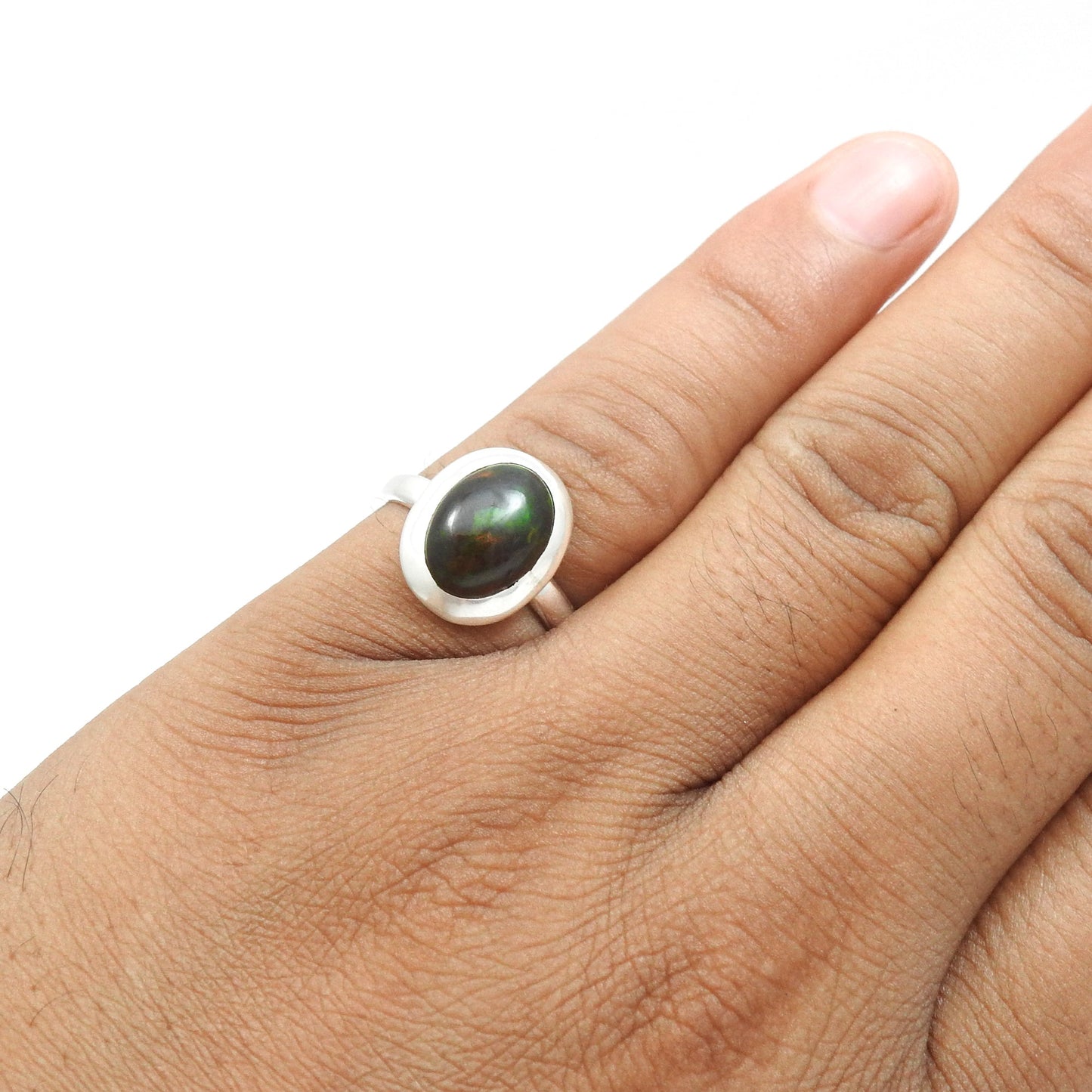 Oval Black Opal Gemstone Solid Sterling Silver Boho Statement Promise Band Ring