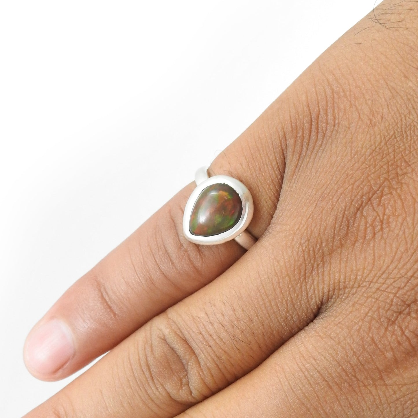 Pear Black Opal Stone 925 Silver Elegant Christmas Gift Band Bezel Wife Ring Jewelry