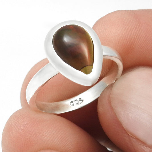 Pear Black Opal Gemstone Solid Silver Statement Bezel Cocktail Boho Ring Jewelry