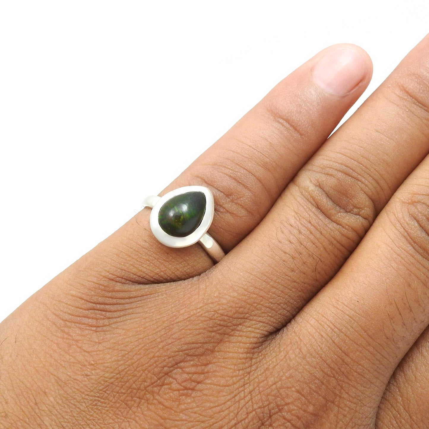 Pear Natural Black Opal Solid Sterling Silver Band Anniversary Boho Artisan Ring