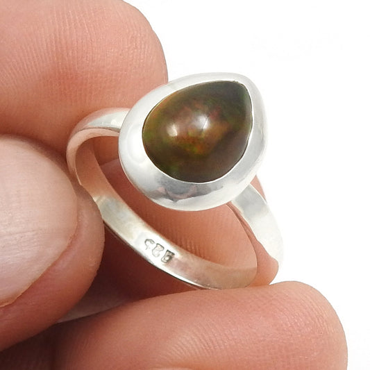Pear Natural Black Opal Solid Sterling Silver Band Anniversary Boho Artisan Ring