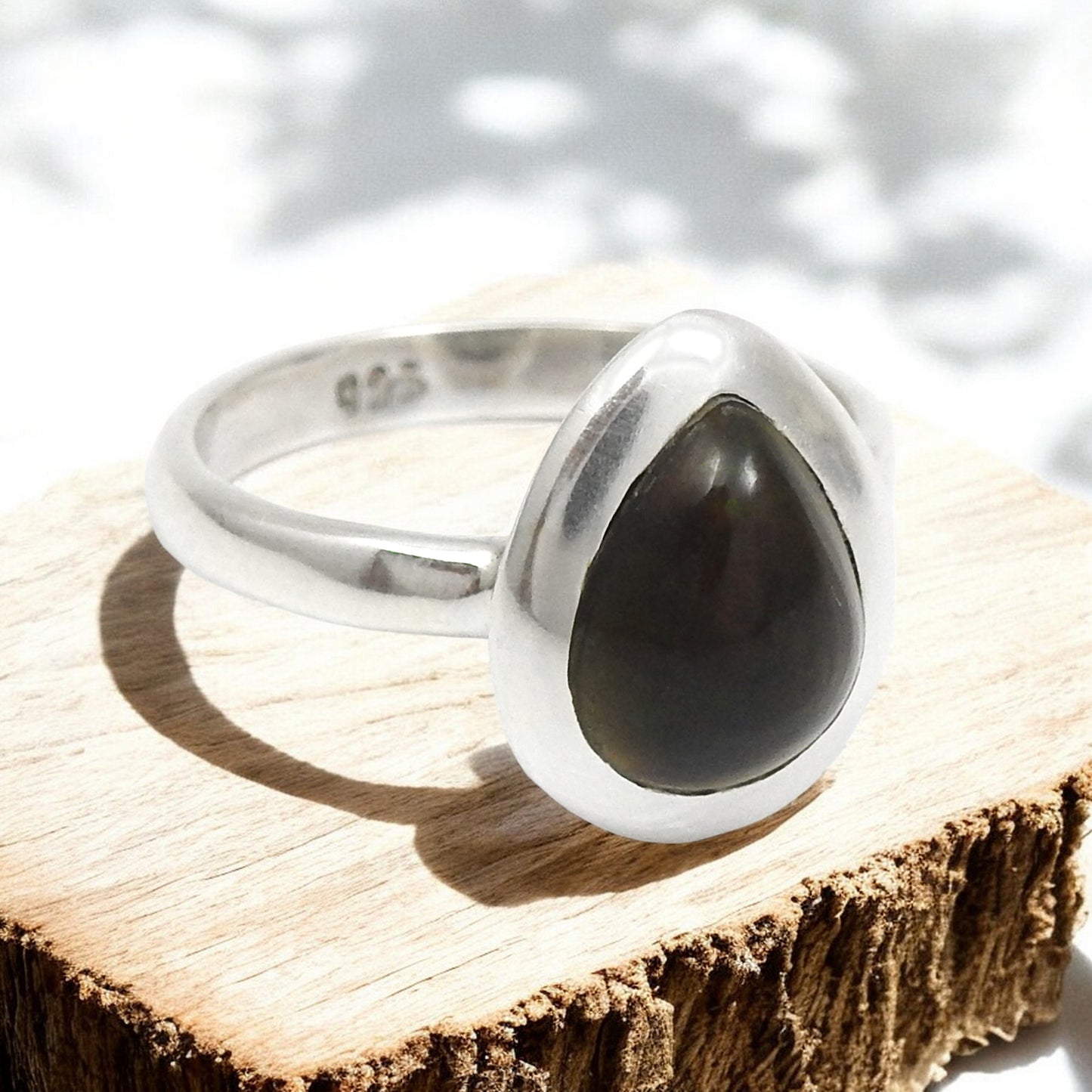 Pear Natural Black Opal 925 Sterling Silver Statement Bezel Cocktail Wife Ring