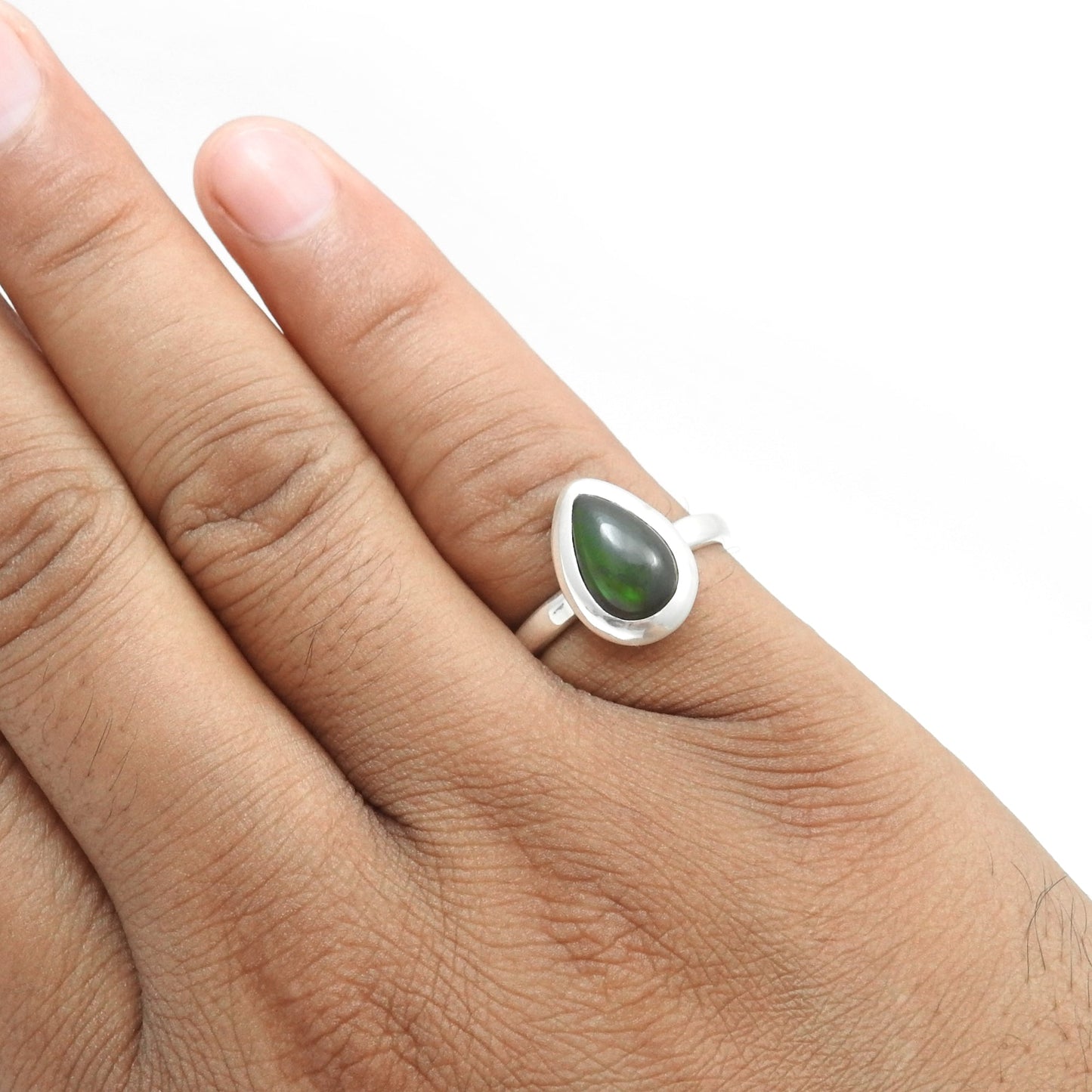 Pear Natural Black Opal Solid Silver Bezel Wife Cocktail Christmas Gift Ring Jewelry