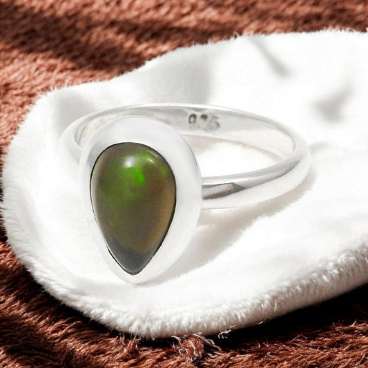 Pear Natural Black Opal Solid Silver Bezel Wife Cocktail Christmas Gift Ring Jewelry