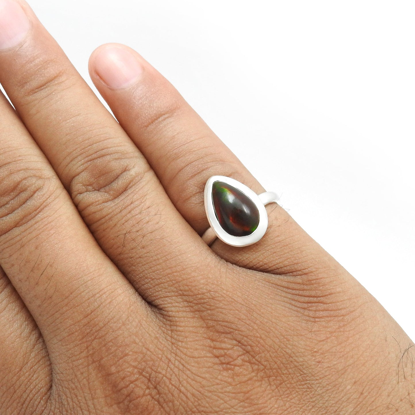 Pear Black Opal Stone Solid Silver Sister Cocktail Bezel Ring Jewelry