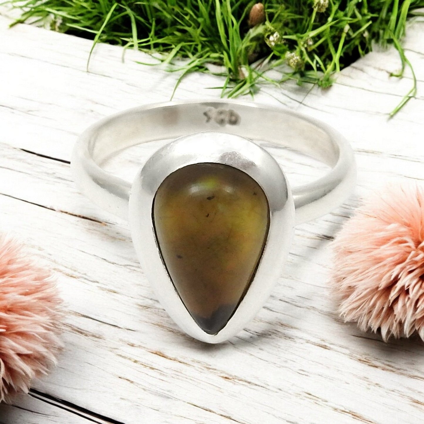 Pear Natural Black Opal Band Christmas Gift Ring Jewelry Solid Sterling Silver