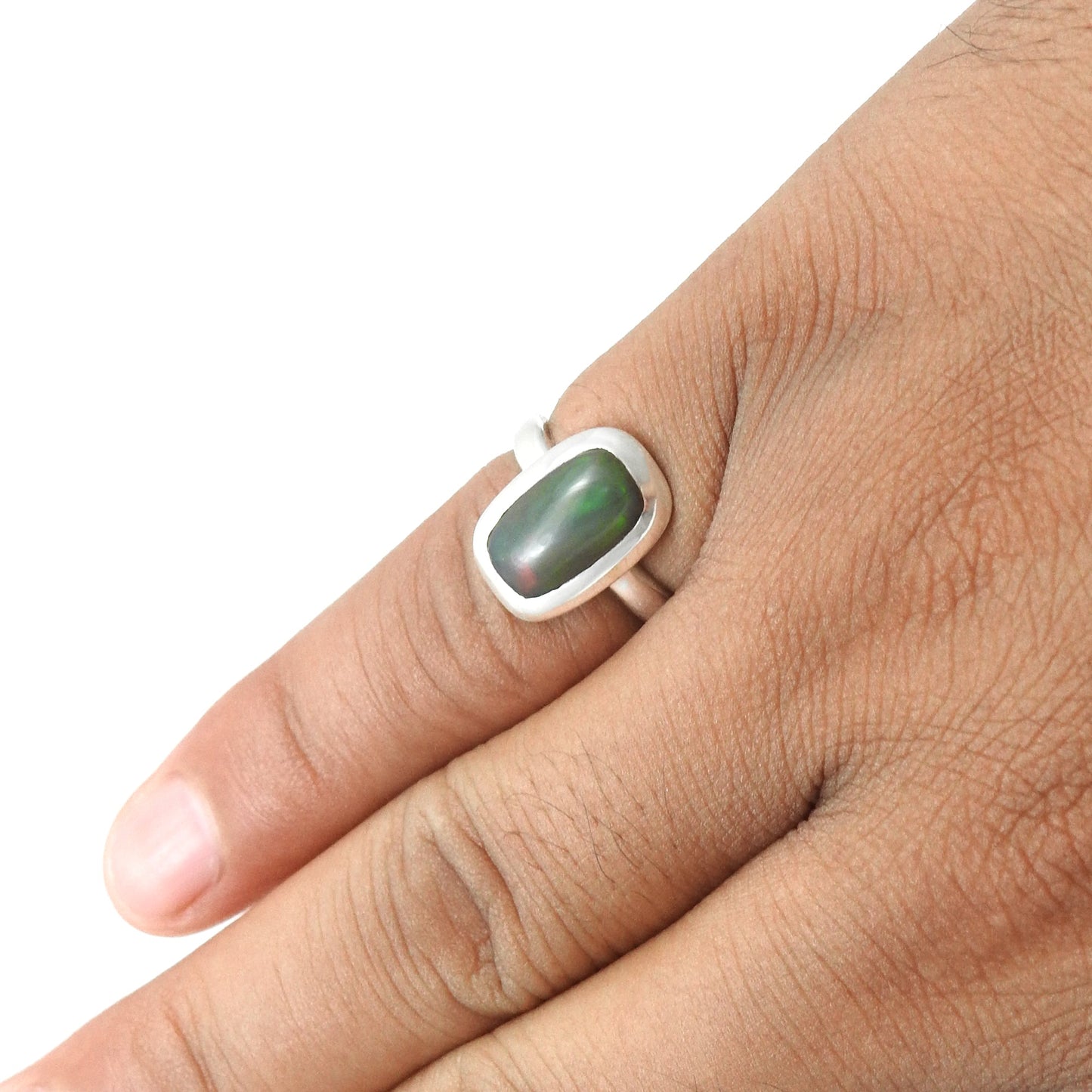 Christmas Gift Black Opal Gemstone Engagement Bezel Wife Band Ring Solid Silver