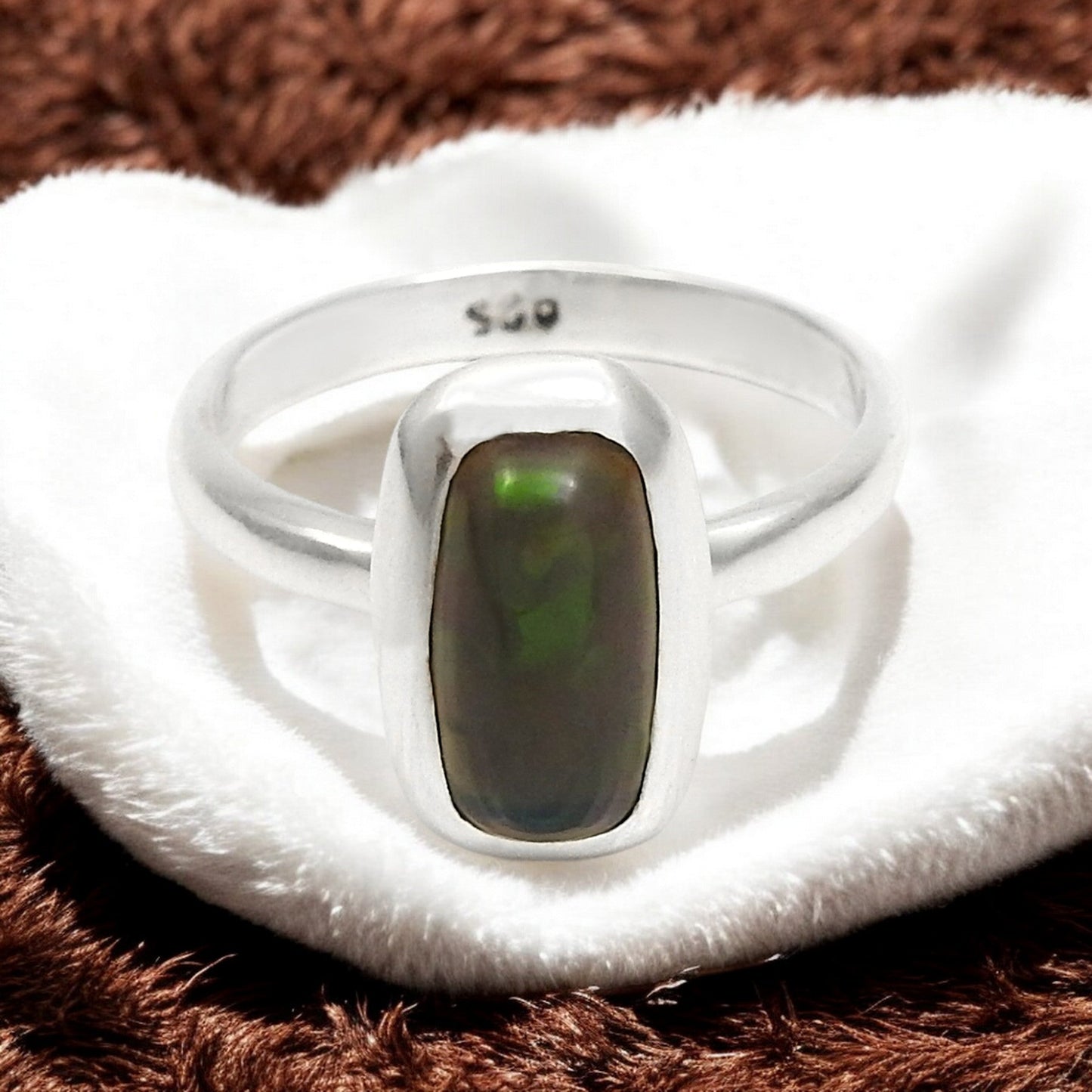 Cushion Black Opal Stone 925 Silver Bezel Elegant Cocktail Birthday Ring Jewelry