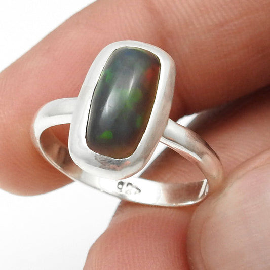 Cushion Black Opal Stone 925 Silver Bezel Elegant Cocktail Birthday Ring Jewelry