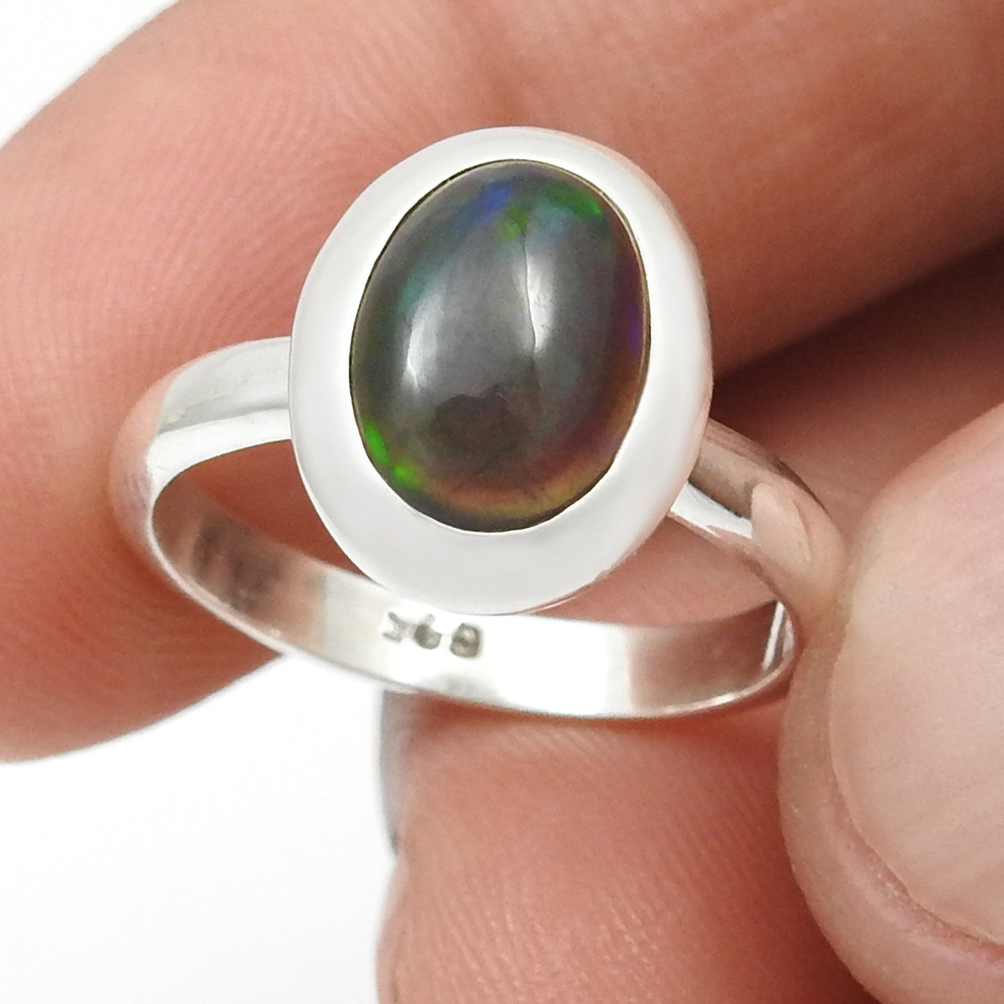 Oval Natural Black Opal Bezel Cocktail Wedding Mother Ring Solid Silver