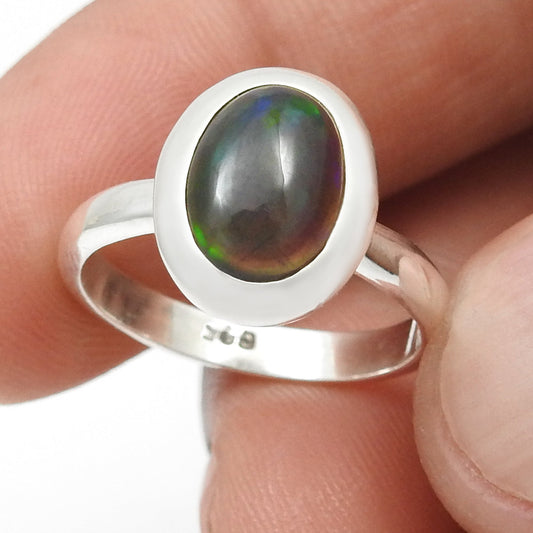 Oval Natural Black Opal Bezel Cocktail Wedding Mother Ring Solid Silver