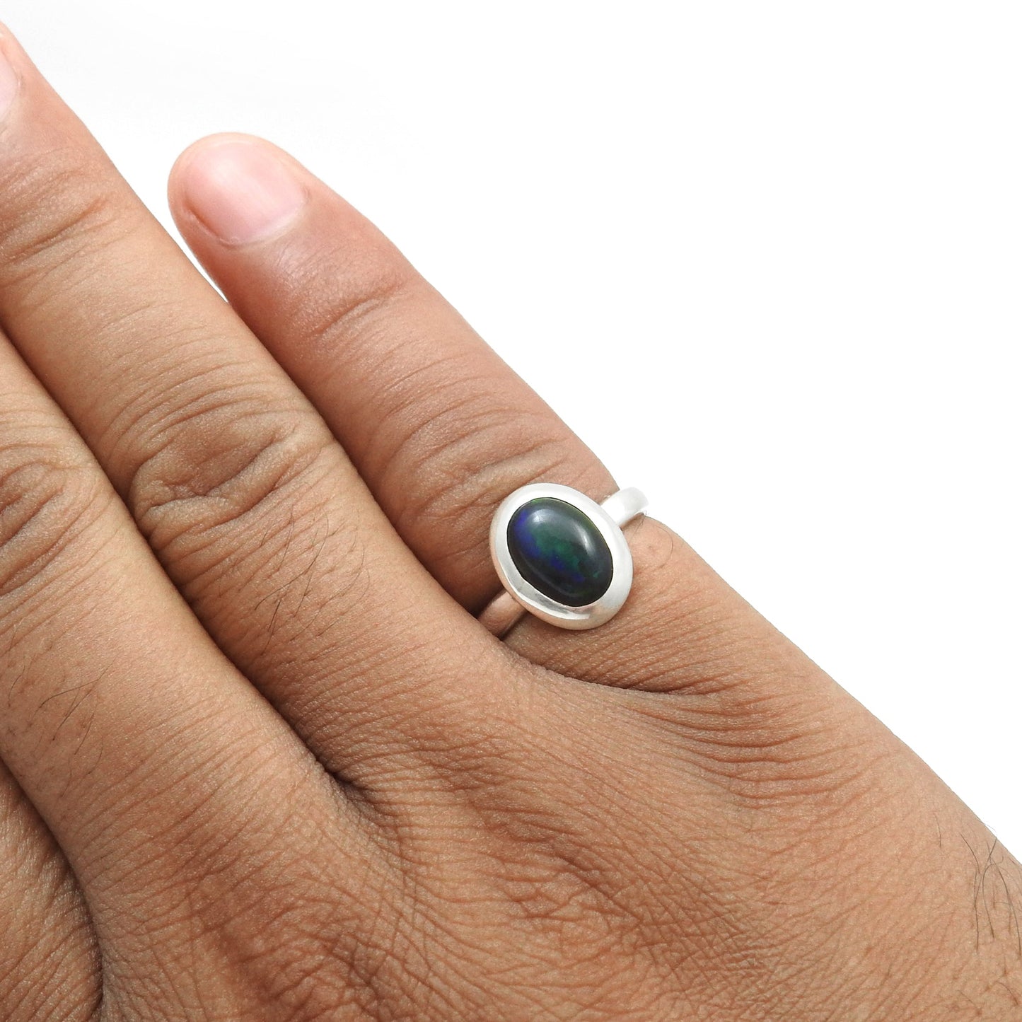 Oval Natural Black Opal Bezel Cocktail Wedding Mother Ring Solid Silver