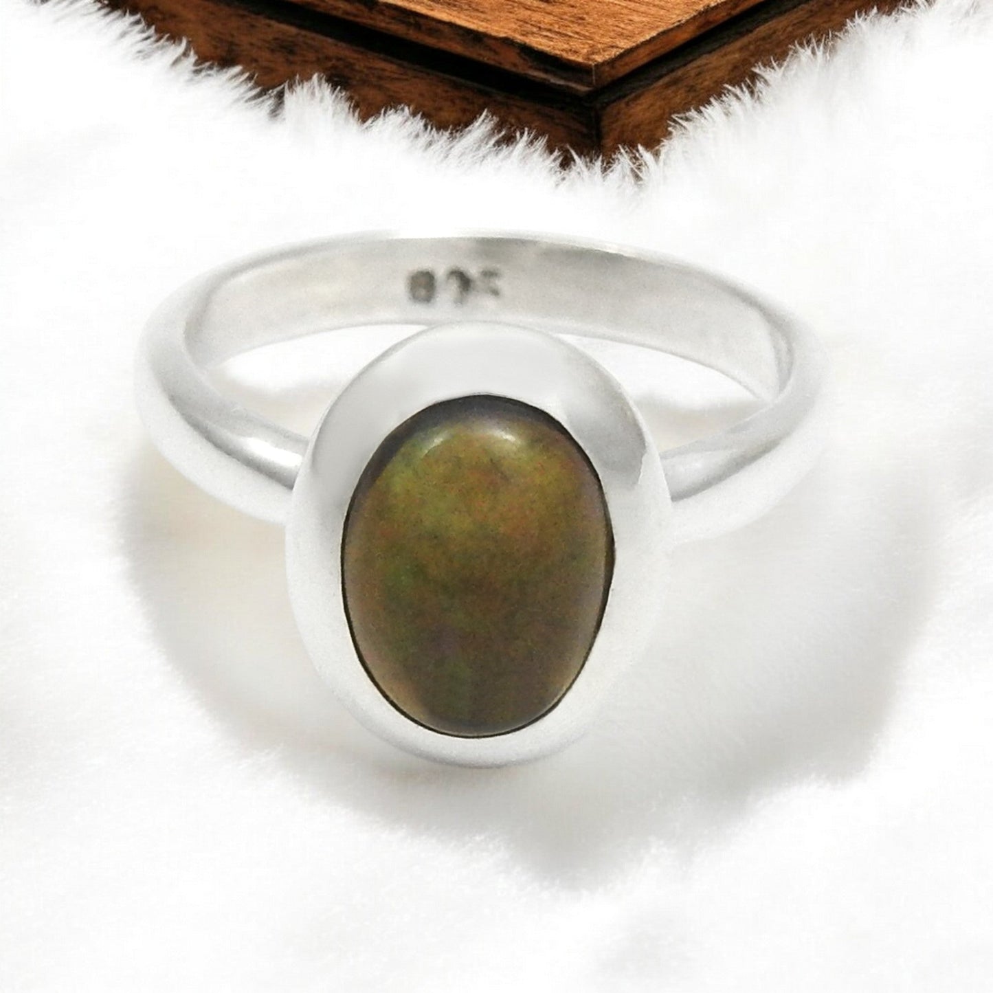 Oval Natural Black Opal Bezel Cocktail Wedding Mother Ring Solid Silver
