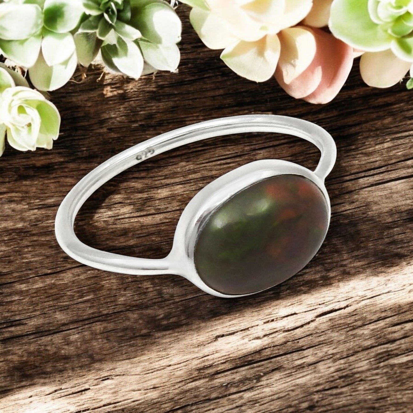 Black Opal Stone Band Wedding Birthday Ring Jewelry Solid Sterling Silver