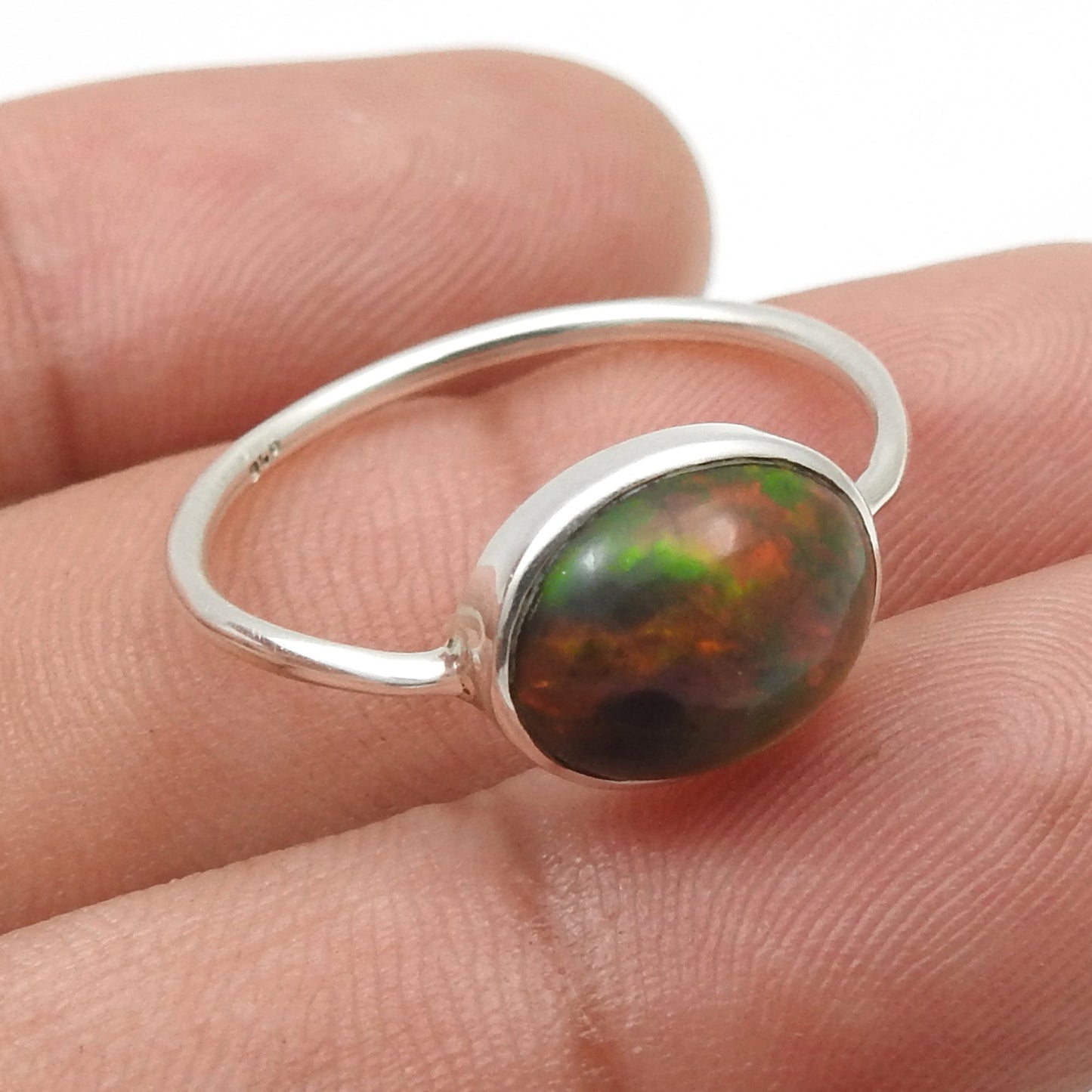 Natural Black Opal 925 Silver Bezel Band Promise Engagement Ring Jewelry
