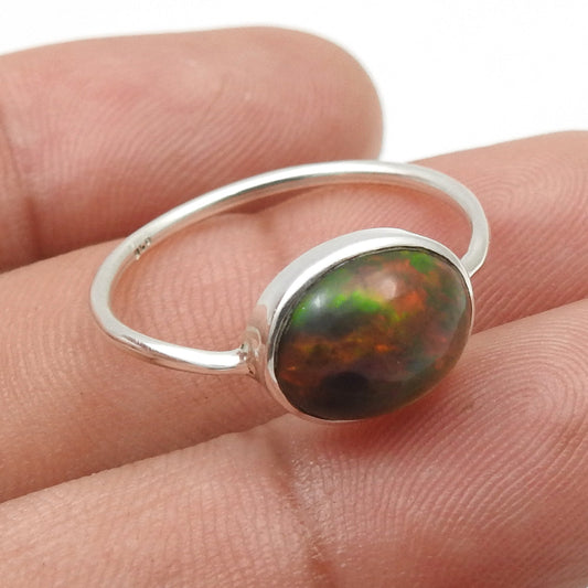 Natural Black Opal 925 Silver Bezel Band Promise Engagement Ring Jewelry