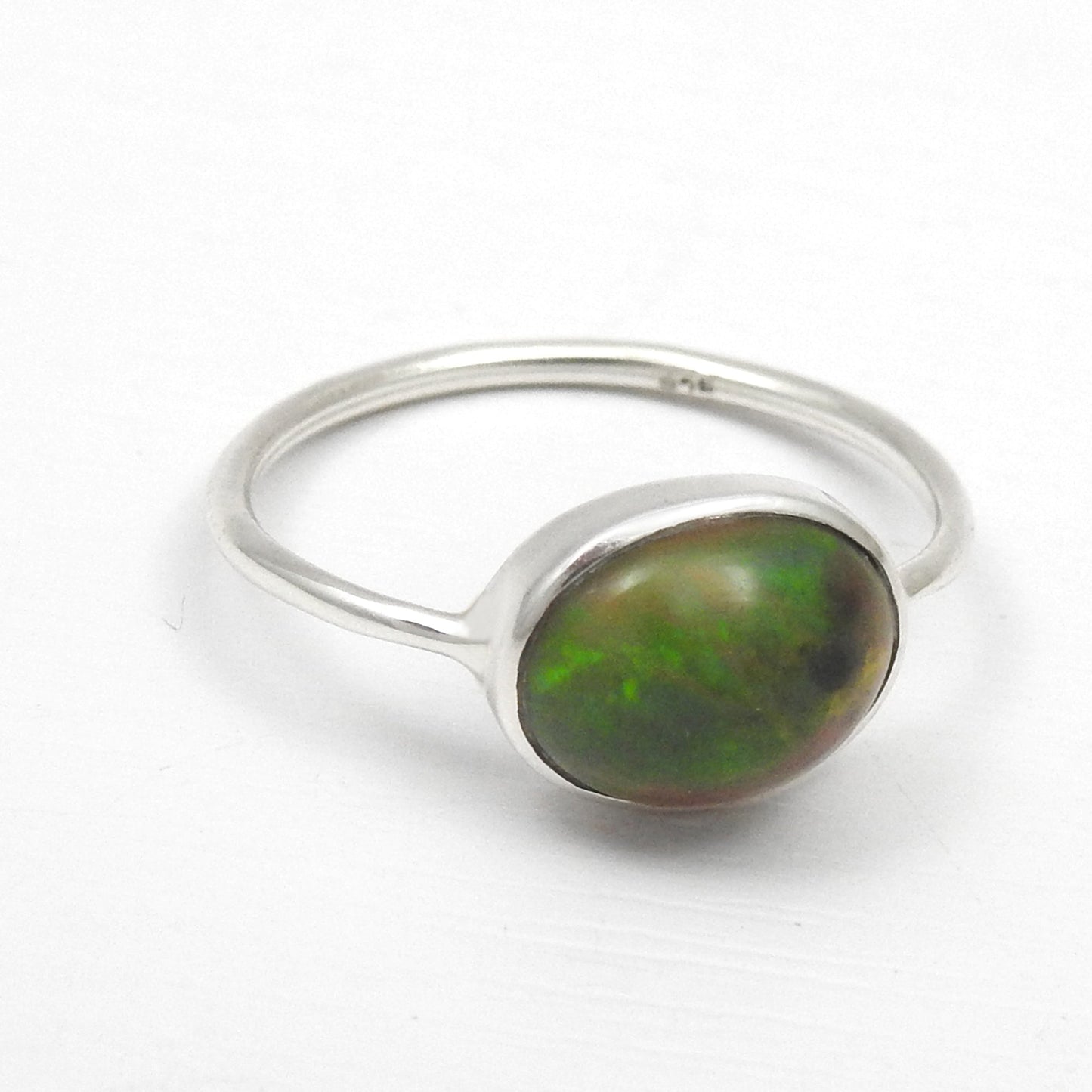 Natural Black Opal 925 Silver Bezel Band Promise Engagement Ring Jewelry