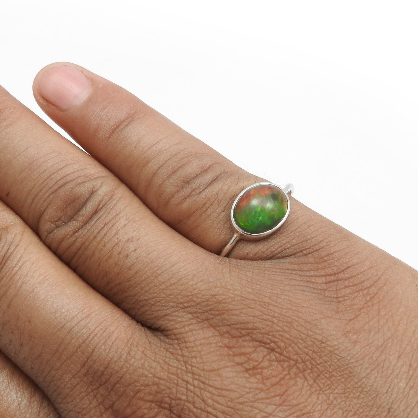Natural Black Opal 925 Silver Bezel Band Promise Engagement Ring Jewelry
