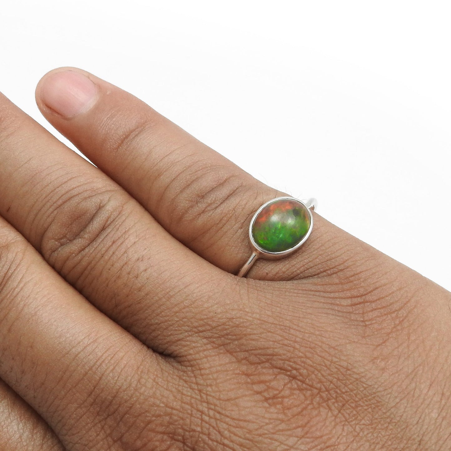 Natural Black Opal 925 Silver Bezel Band Promise Engagement Ring Jewelry