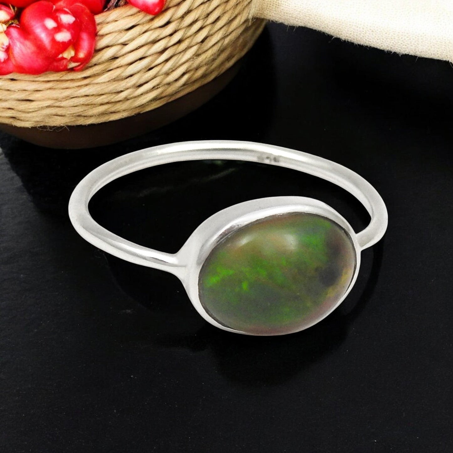 Natural Black Opal 925 Silver Bezel Band Promise Engagement Ring Jewelry