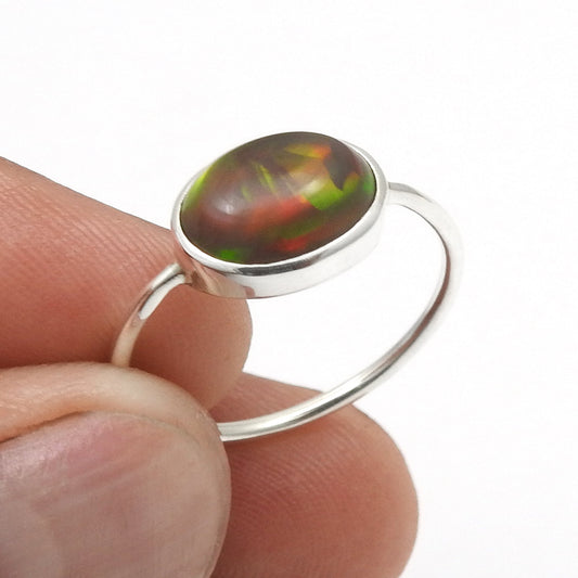 Natural Black Opal Promise Wedding Bezel Unique Band Ring Sterling Silver