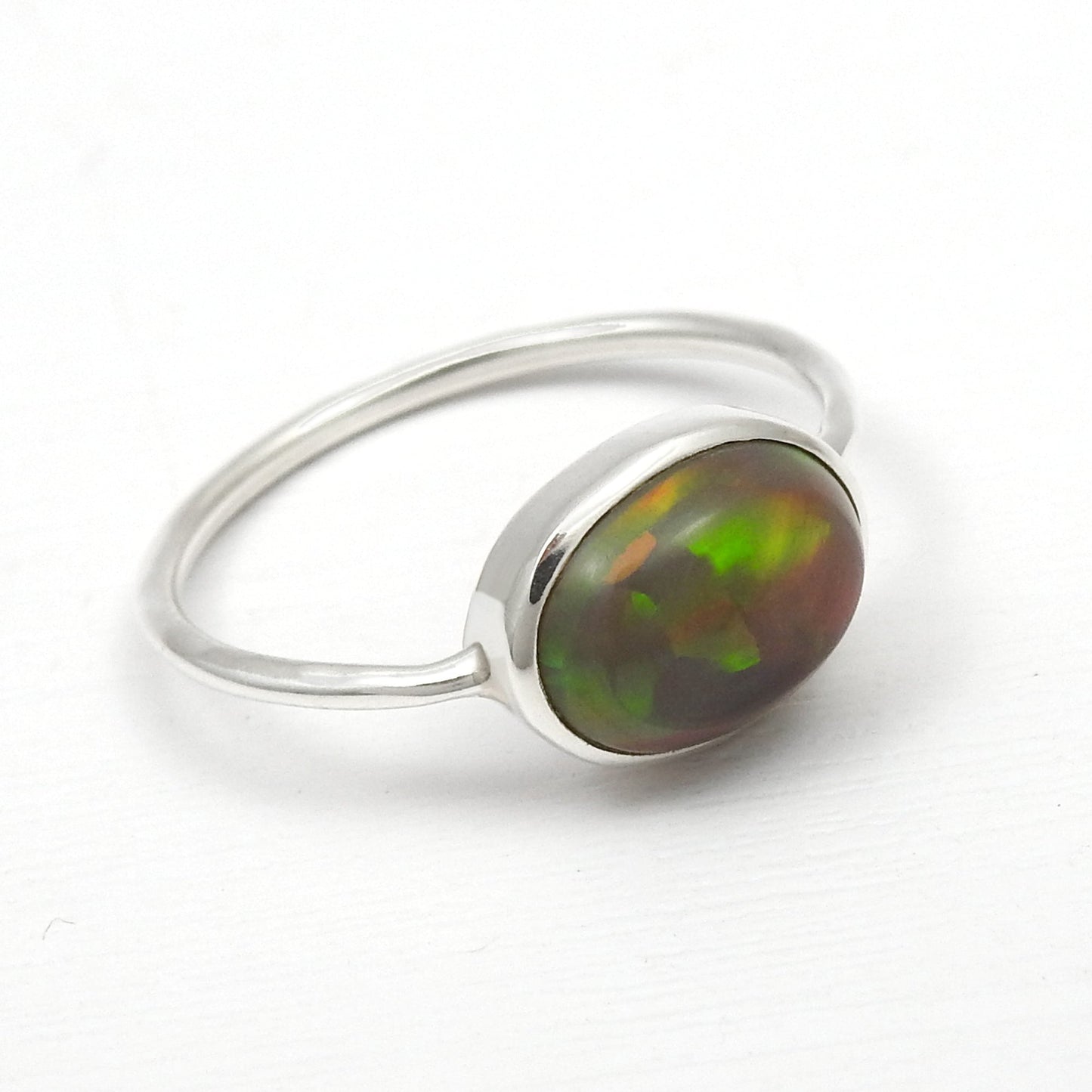 Natural Black Opal Promise Wedding Bezel Unique Band Ring Sterling Silver
