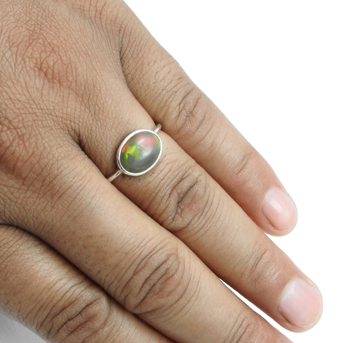 Natural Black Opal Promise Wedding Bezel Unique Band Ring Sterling Silver