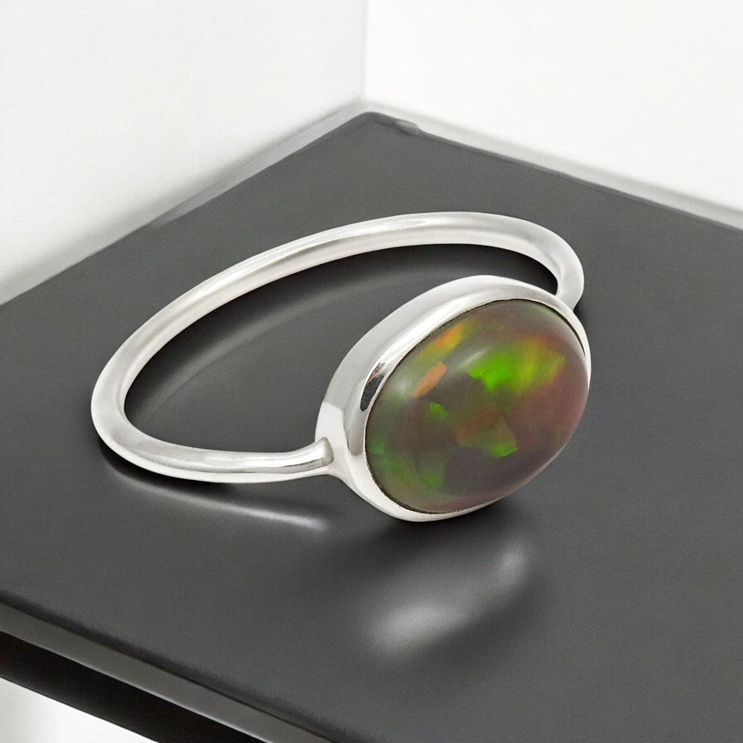 Natural Black Opal Promise Wedding Bezel Unique Band Ring Sterling Silver