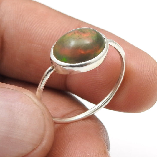 Oval Black Opal Gemstone Solid Silver Sister Band Handmade Ring Jewelry