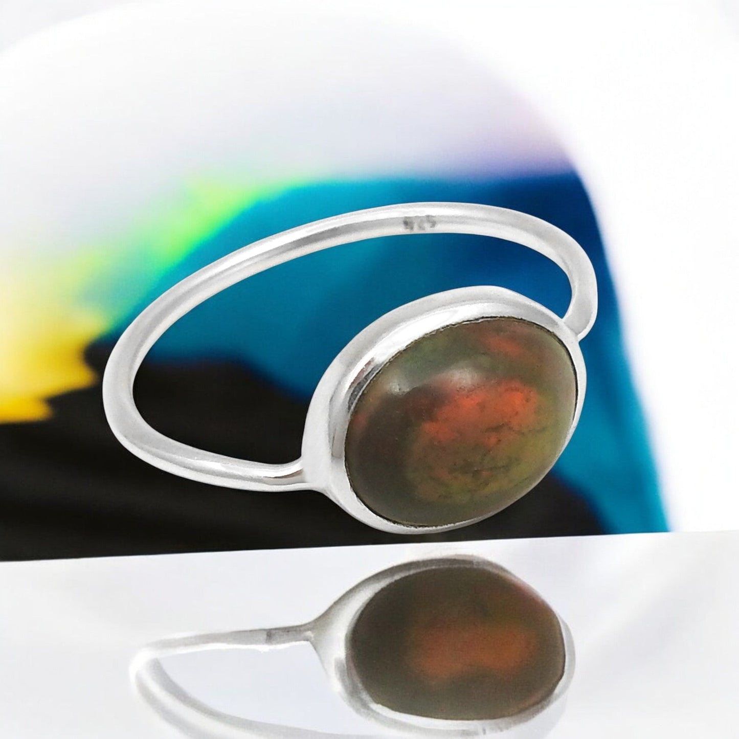 Oval Black Opal Gemstone Solid Silver Sister Band Handmade Ring Jewelry