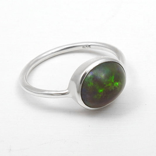 Oval Black Opal Stone Solid Silver Engagement Boho Band Sister Ring Jewelry