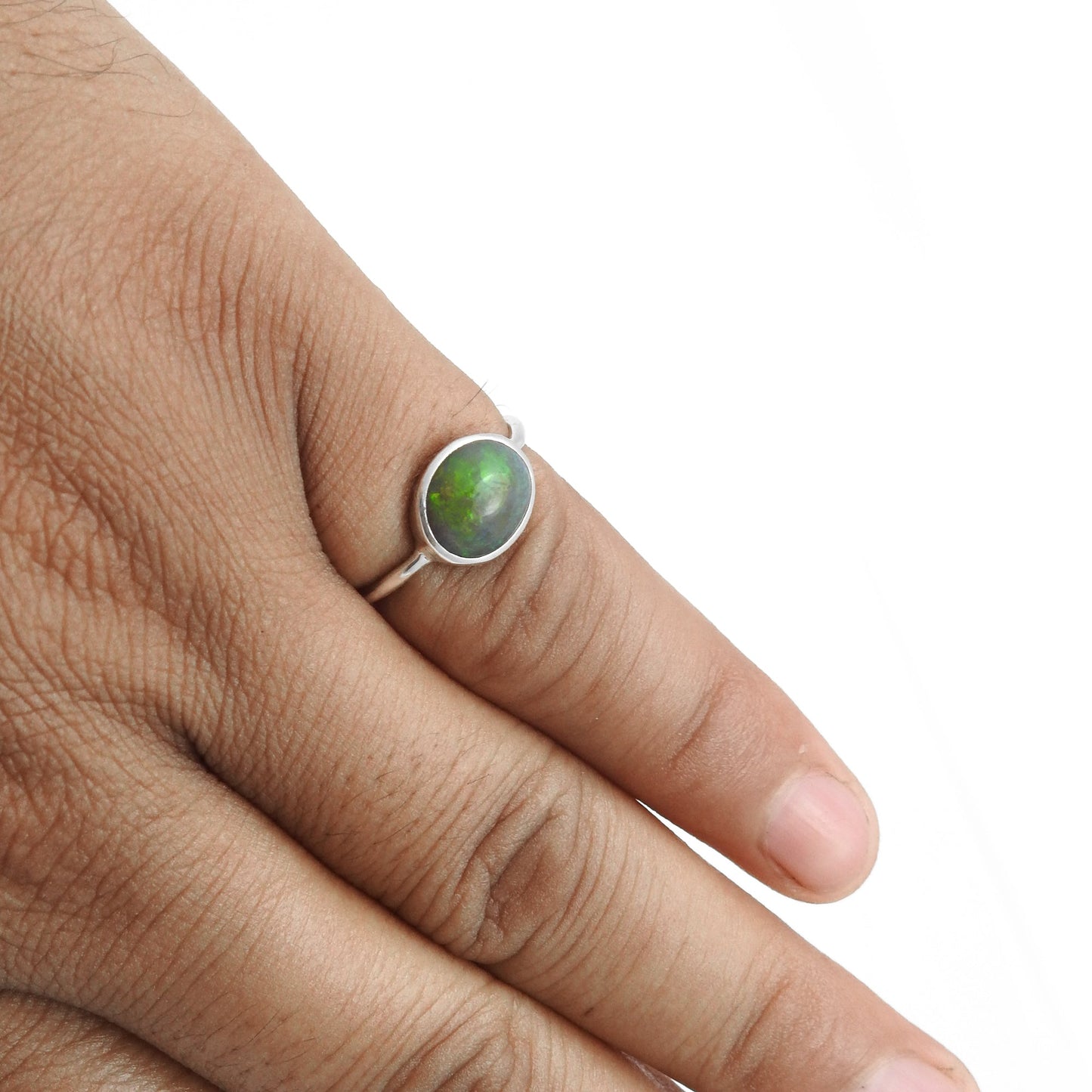 Oval Black Opal Stone Solid Silver Engagement Boho Band Sister Ring Jewelry