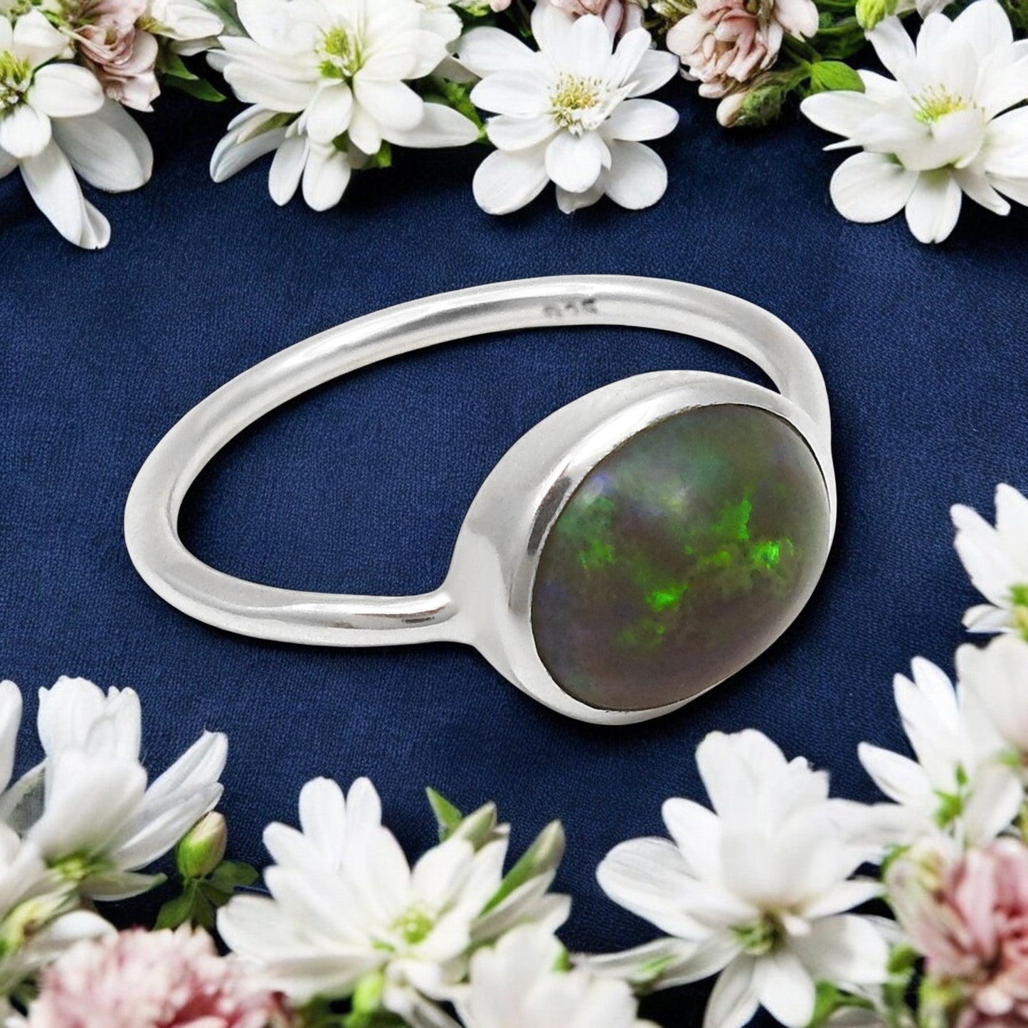 Oval Black Opal Stone Solid Silver Engagement Boho Band Sister Ring Jewelry