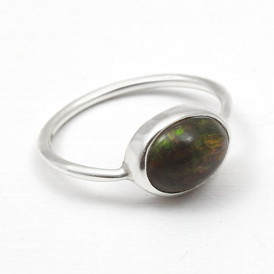 Oval Black Opal Gemstone Sterling Silver Boho Band Promise Ring Jewelry