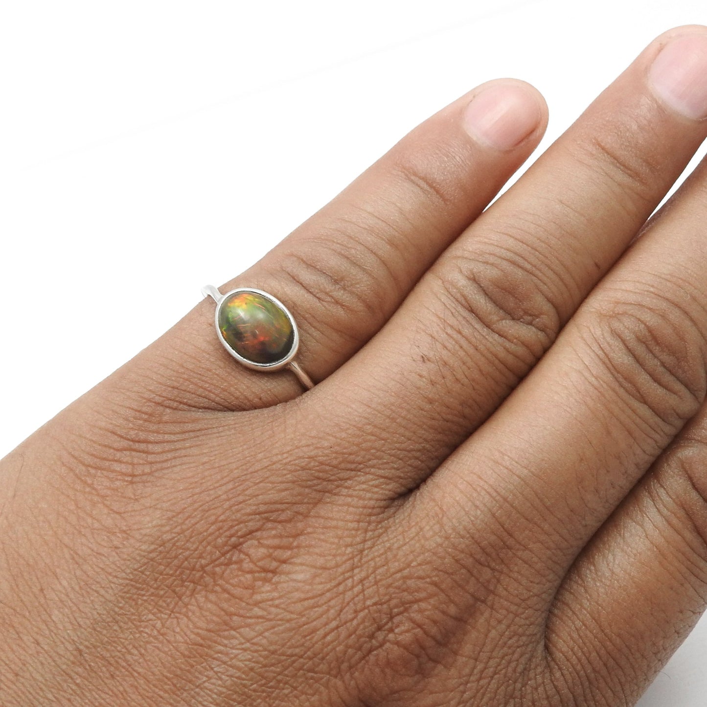 Oval Black Opal Gemstone 925 Silver Band Engagement Bezel Ring Jewelry