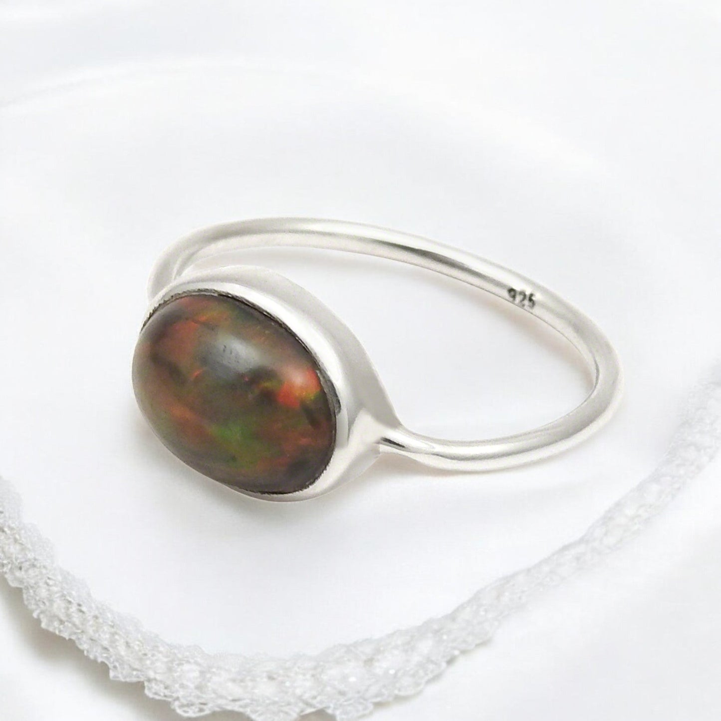 Oval Black Opal Gemstone 925 Silver Band Engagement Bezel Ring Jewelry