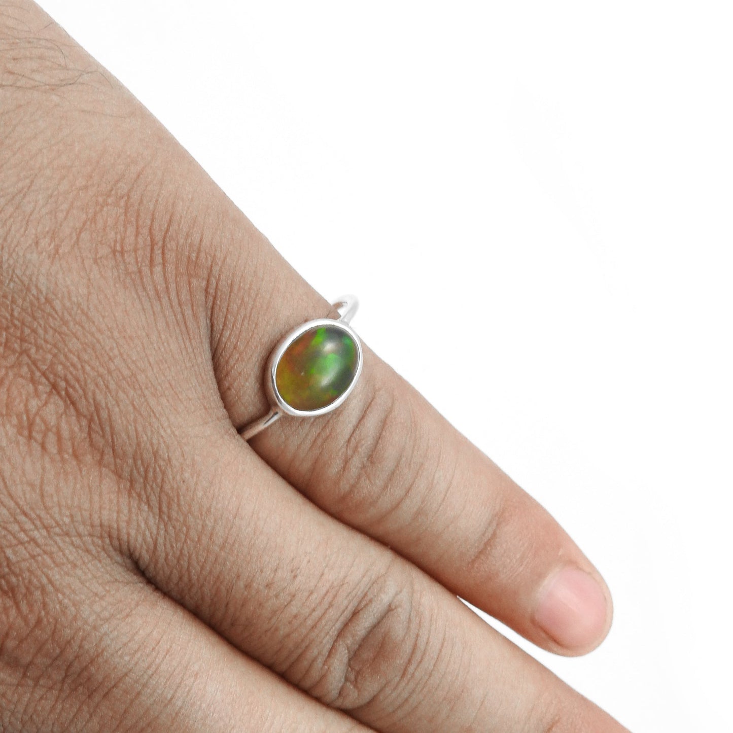 Oval Black Opal Stone 925 Sterling Silver Promise Engagement Band Boho Ring