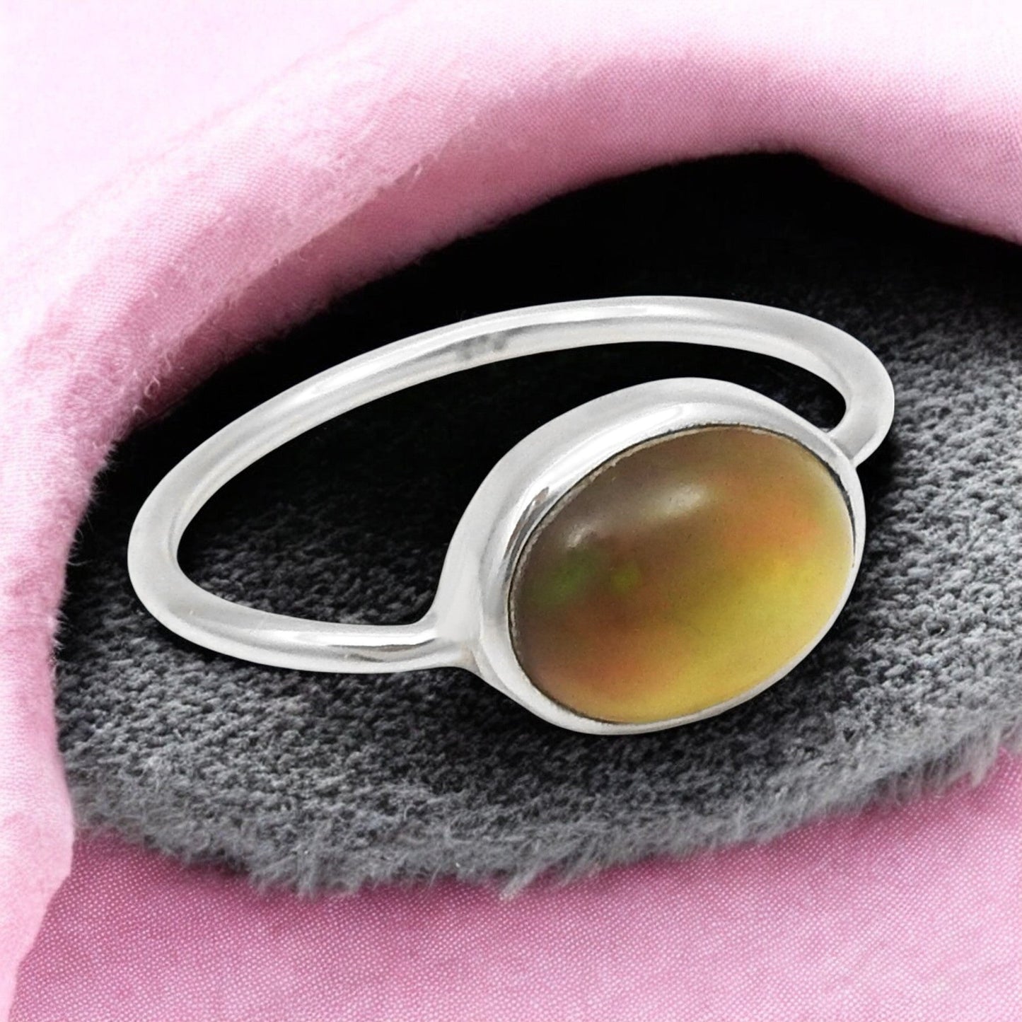 Oval Black Opal Stone 925 Sterling Silver Promise Engagement Band Boho Ring